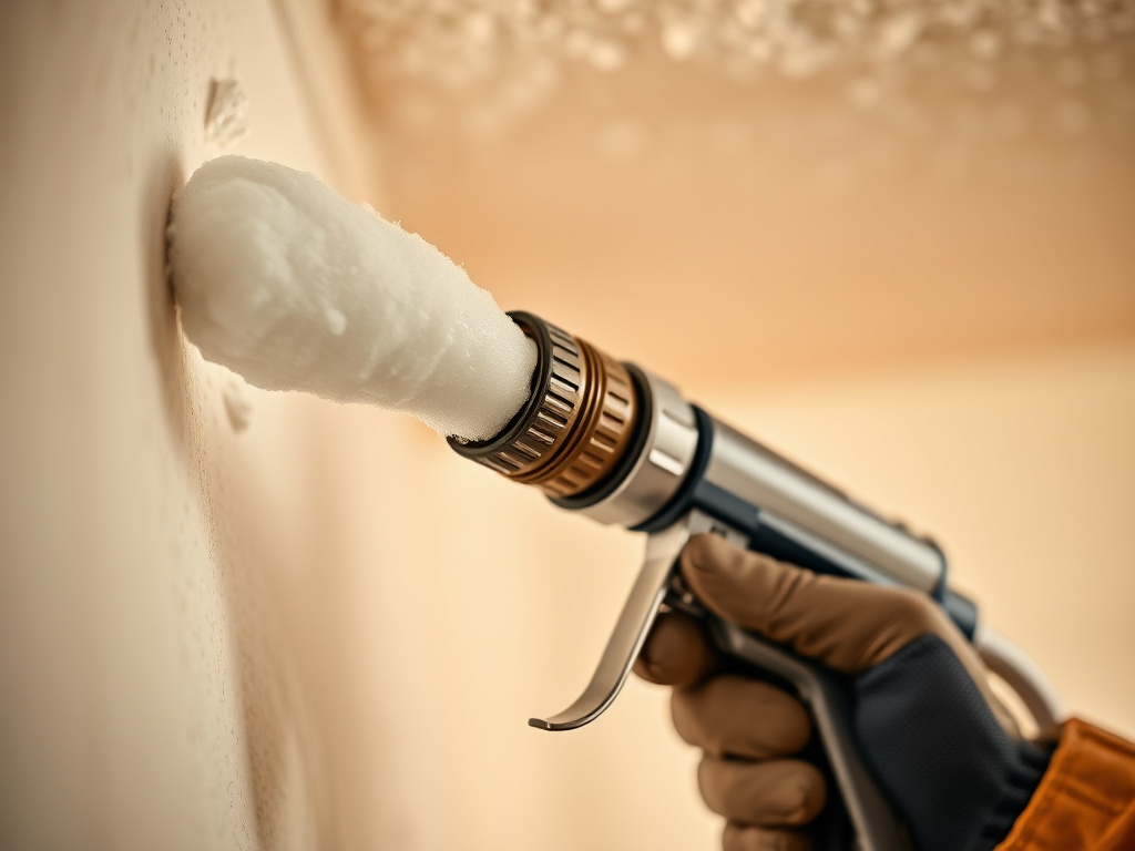 Close-up of a spray foam insulation gun applying cured foam texture